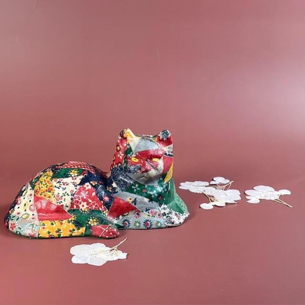 Vintage Calico Decoupage Ceramic Crazy Quilt Cat/Pills For Cats Book